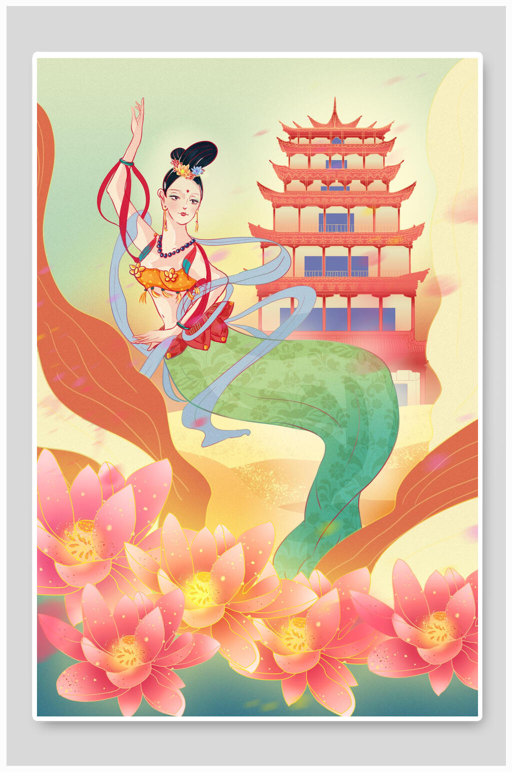 荷花高塔唯美潮流插画素材