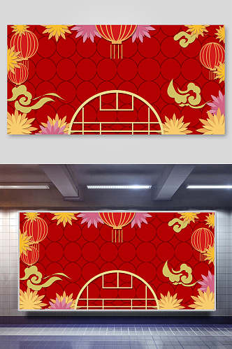 灯笼花朵大气高端红金新年边框背景