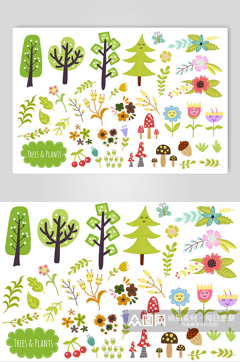 森系卡通动植物花纹图案矢量素材素材