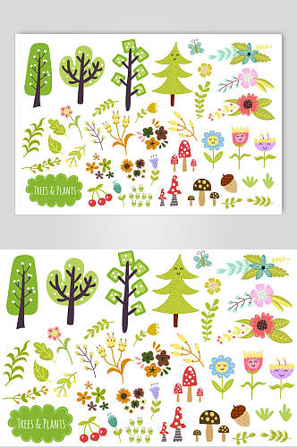 森系卡通动植物花纹图案矢量素材