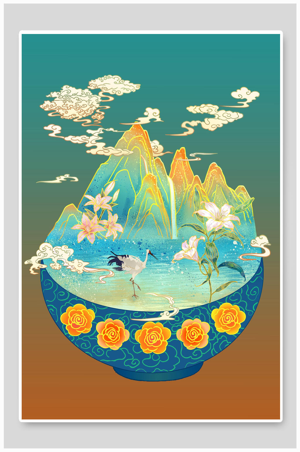 大气仙鹤百合花唯美潮流插画素材