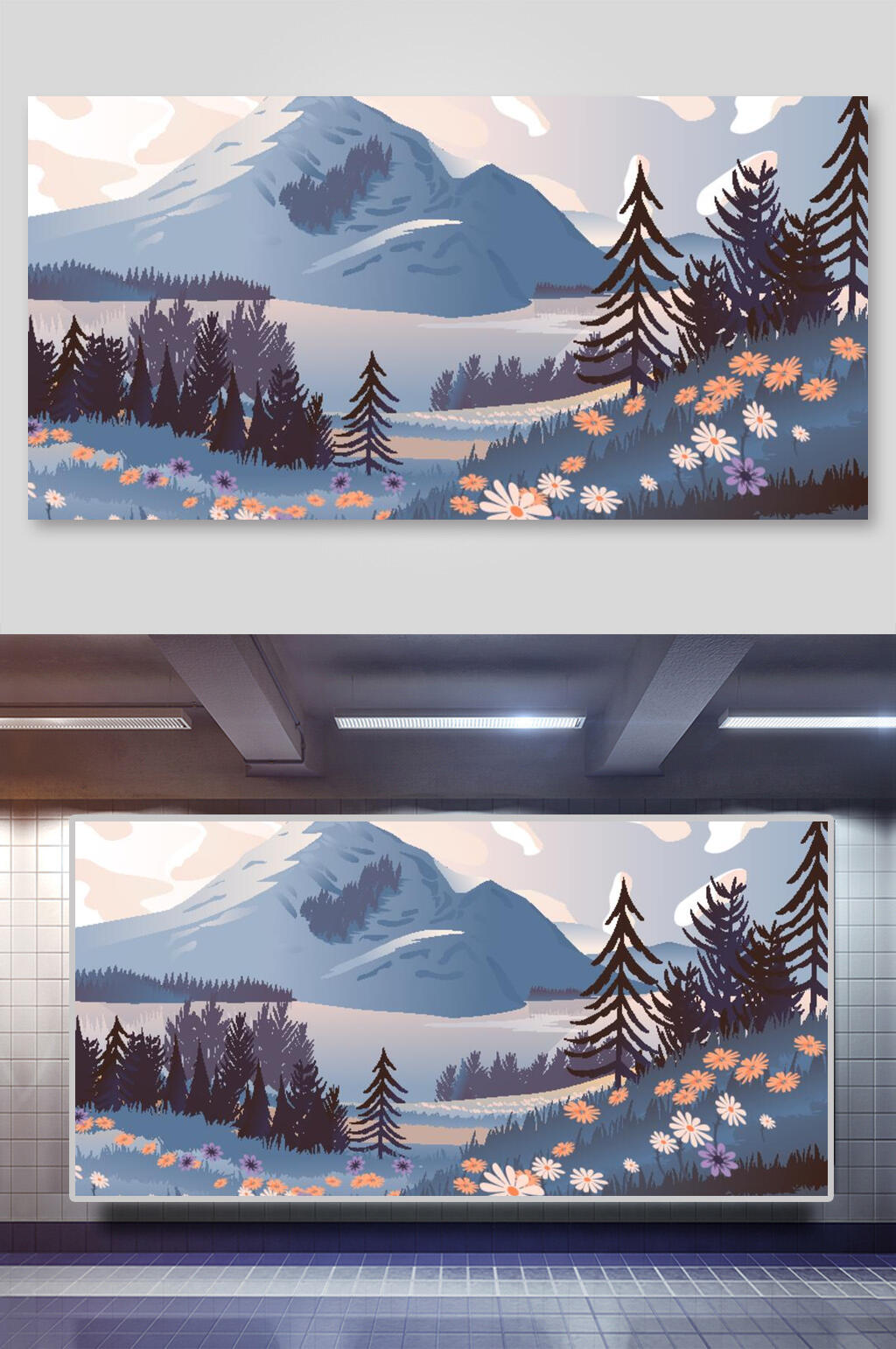 花朵雪山室外山水矢量插画素材