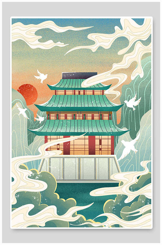 建筑古典民风插画立即下载国潮风大气花朵祥云中式建筑中国风插画立即