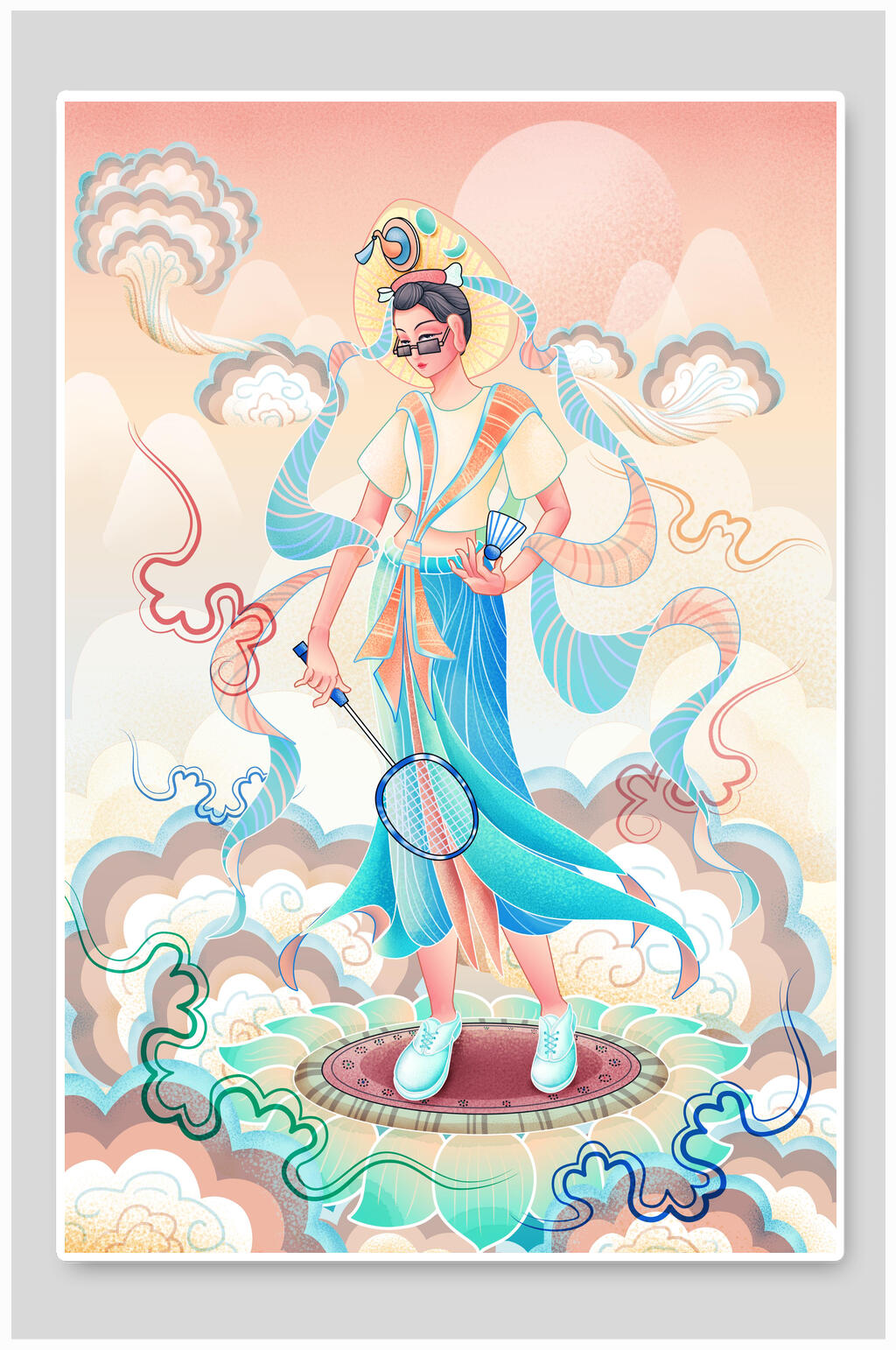 国潮风祥云羽毛球唯美潮流插画素材