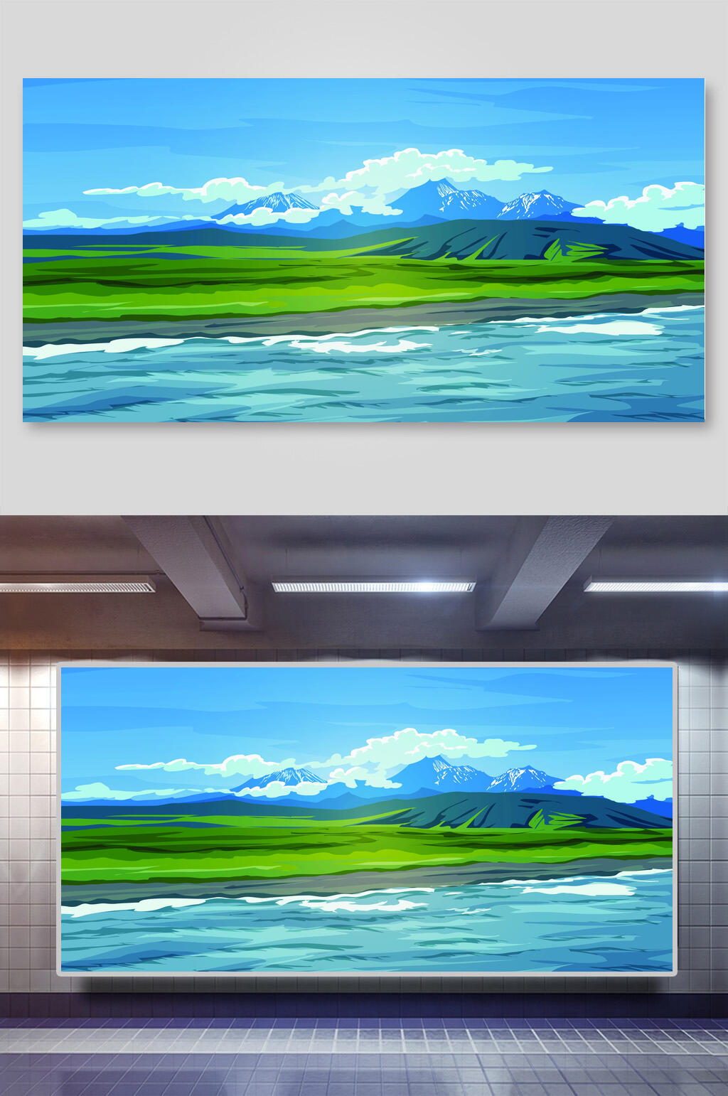 蓝色横版风景户外矢量插画素材