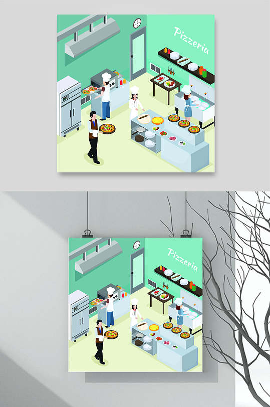 绿色厨房等距餐厅厨房插画矢量素材