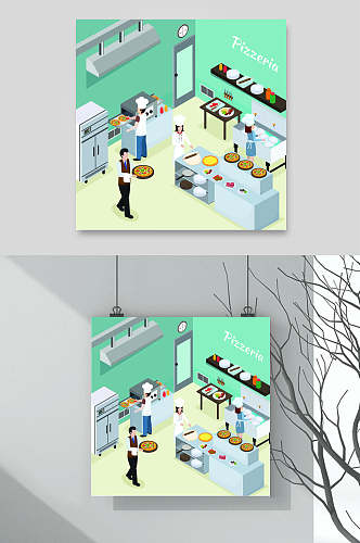 绿色厨房等距餐厅厨房插画矢量素材