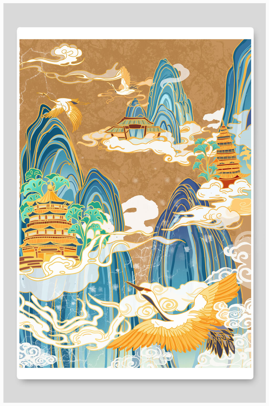 国潮风仙鹤祥云唯美潮流插画素材