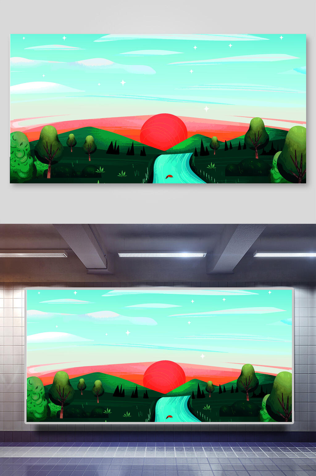 绿红树木大气高端风景户外矢量插画素材