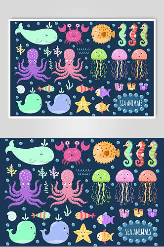 海洋动物卡通动植物花纹图案矢量素材