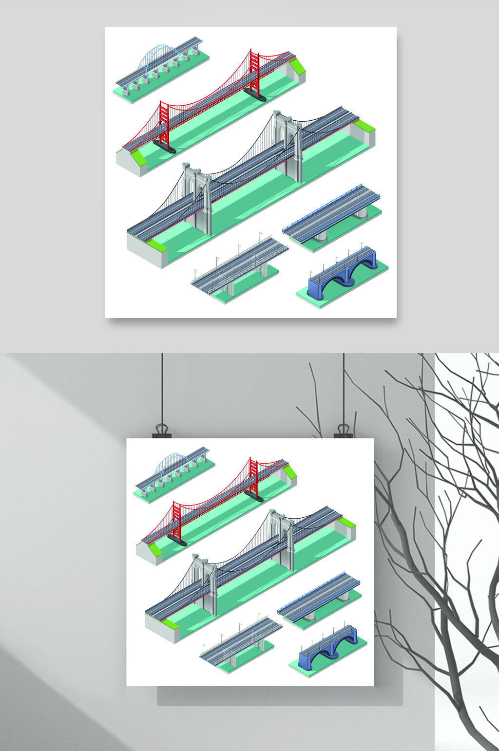 简约吊桥交通设施等距插画矢量素材素材