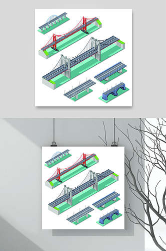 简约吊桥交通设施等距插画矢量素材