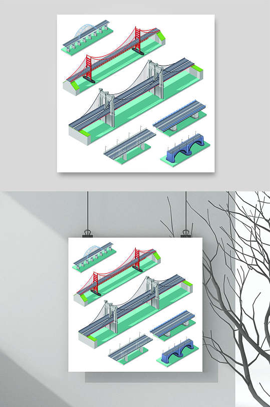 简约吊桥交通设施等距插画矢量素材