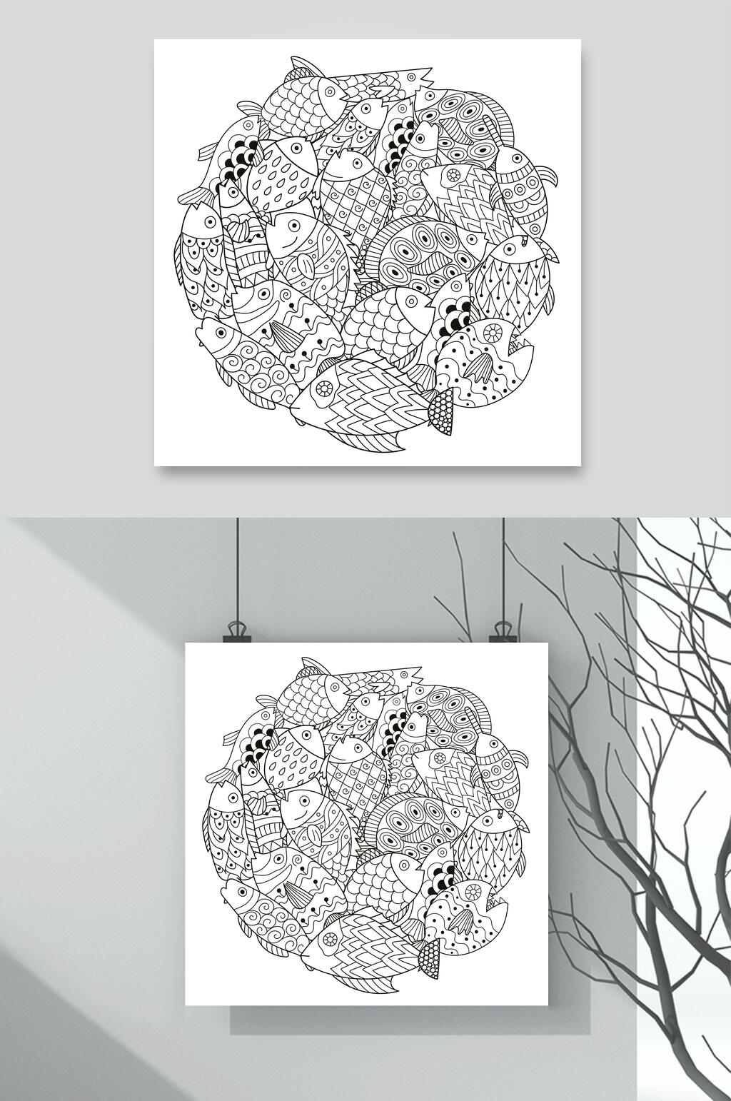 高端灰色线稿手绘动植物插画矢量素材素材