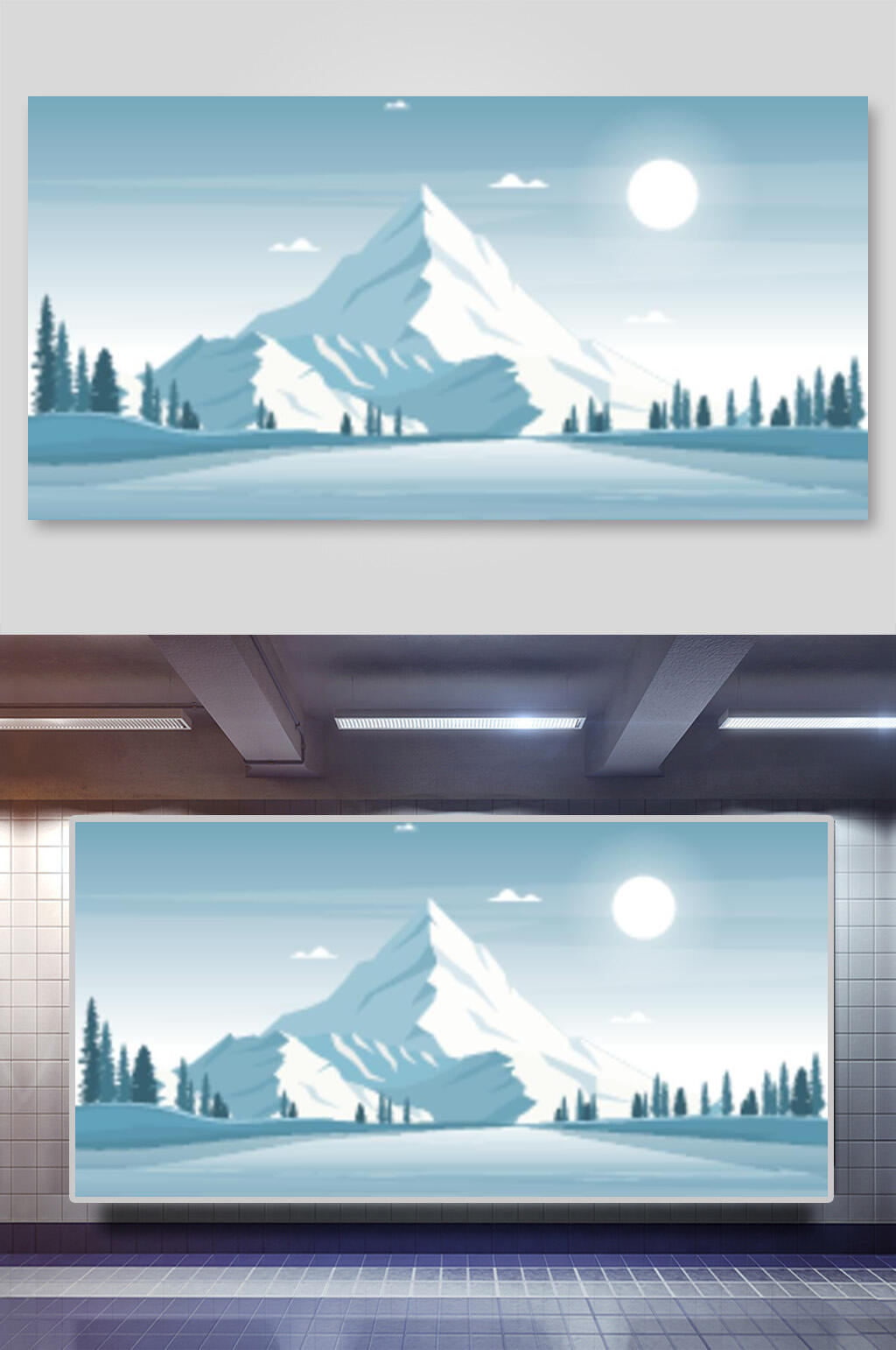 山峰蓝色树木简约风景户外矢量插画素材
