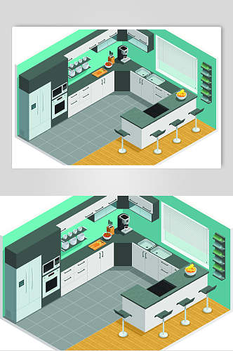 厨房等距家装家居卡通矢量素材