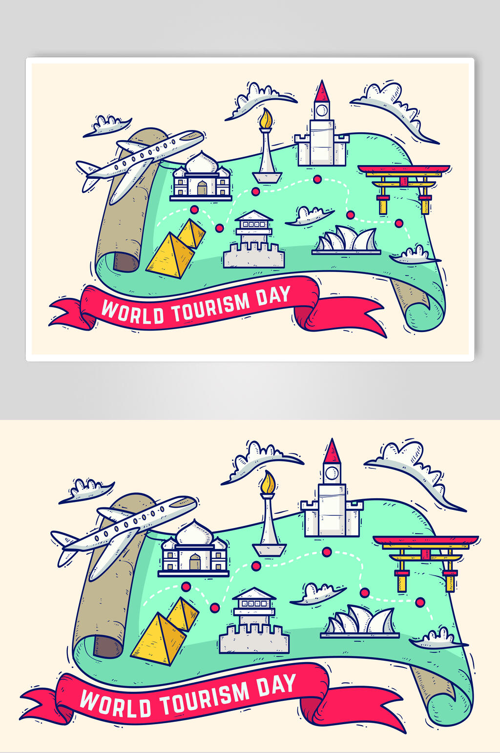 手绘治愈名胜旅行旅游矢量素材素材