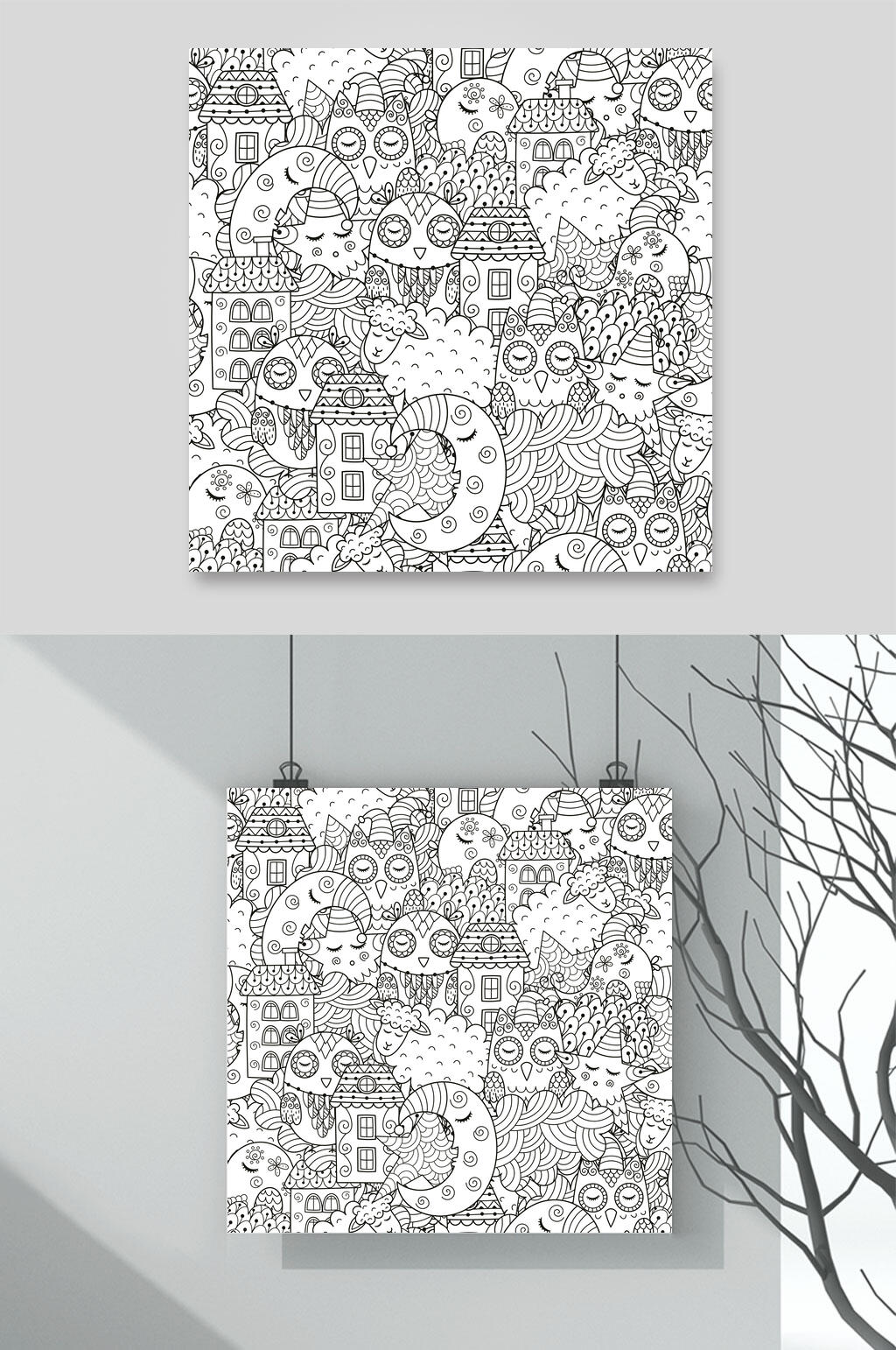 复古线稿手绘动植物插画矢量素材素材