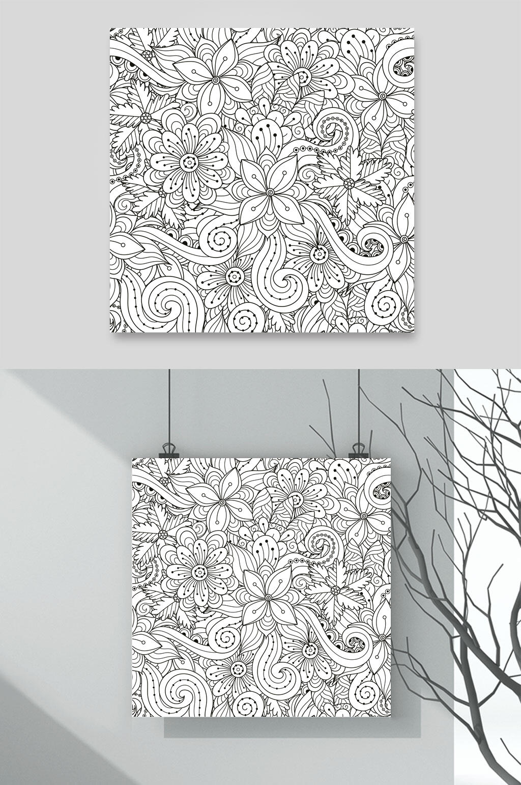 传统时尚线稿手绘动植物插画矢量素材素材