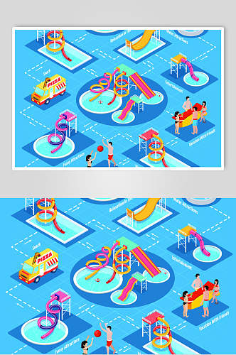 蓝色水上乐园儿童游乐园动物园插画矢量素材