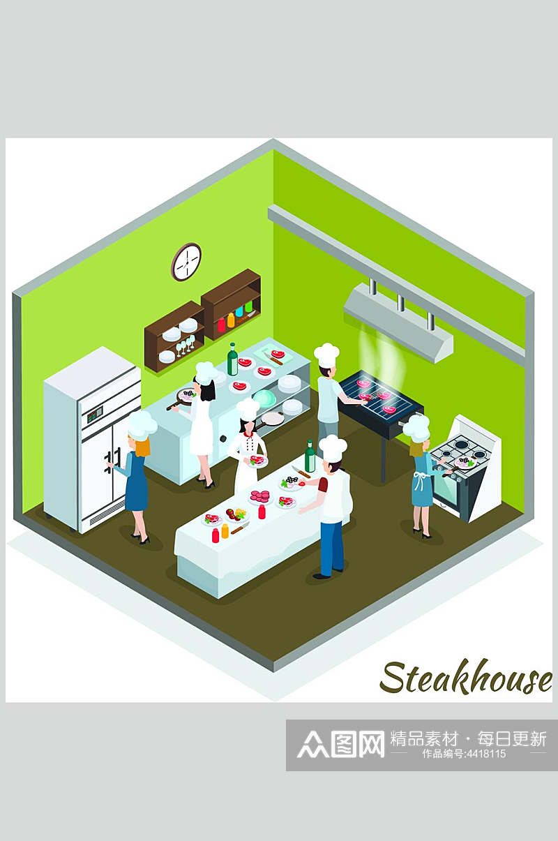 绿色等距餐厅厨房插画矢量素材素材