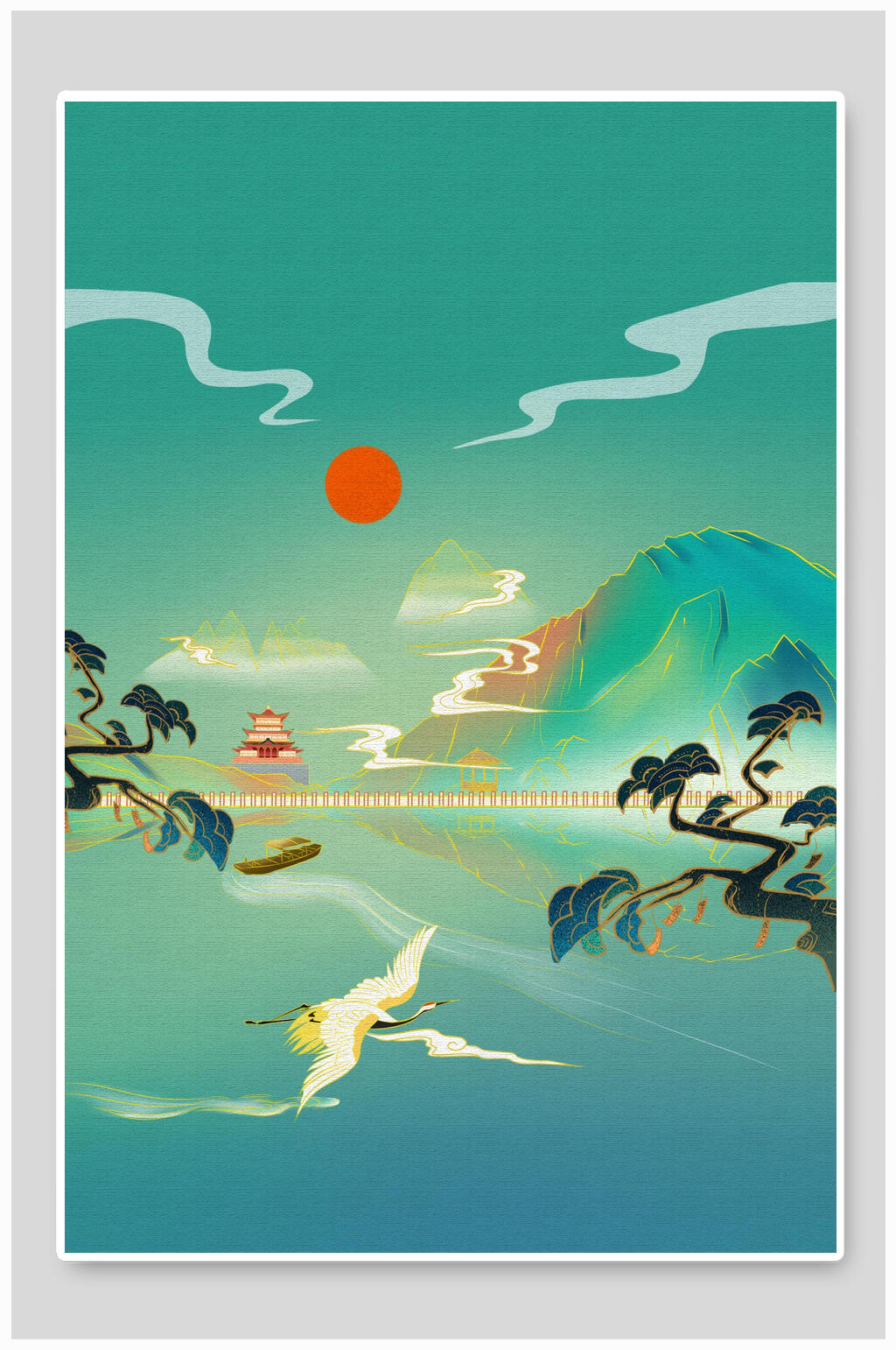 典雅仙鹤祥云唯美潮流插画素材