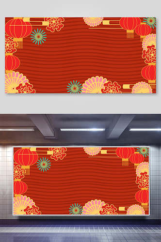 灯笼花朵大气高端红黄新年边框背景
