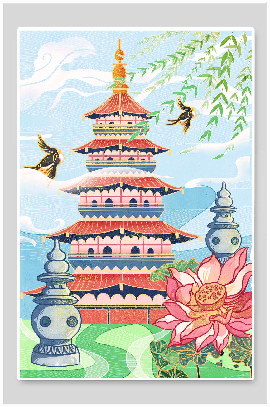 荷花唯美潮流插画素材