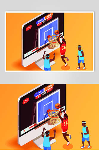 篮球场打球插画矢量素材橘色