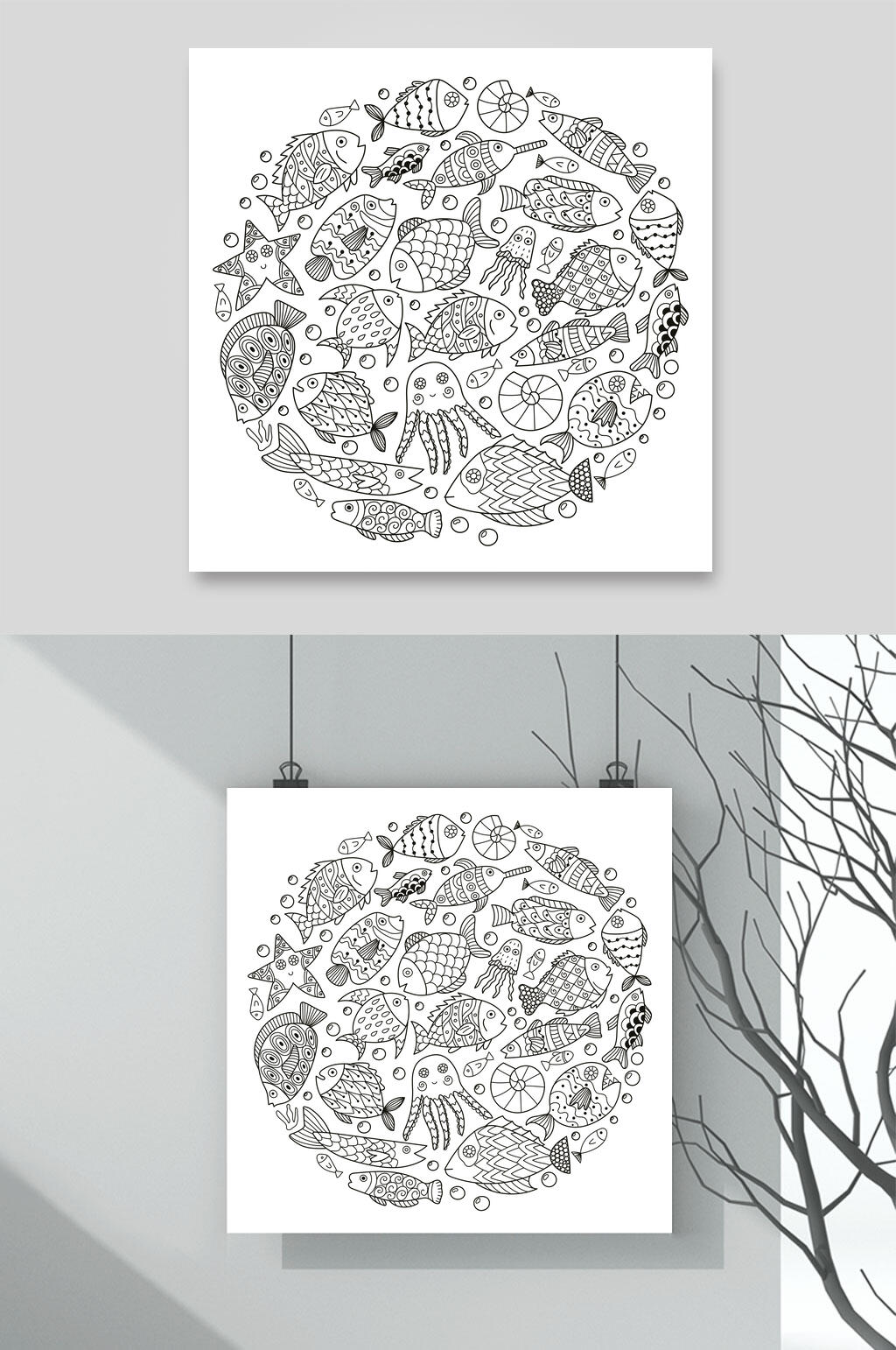时尚线稿手绘动植物插画矢量素材素材