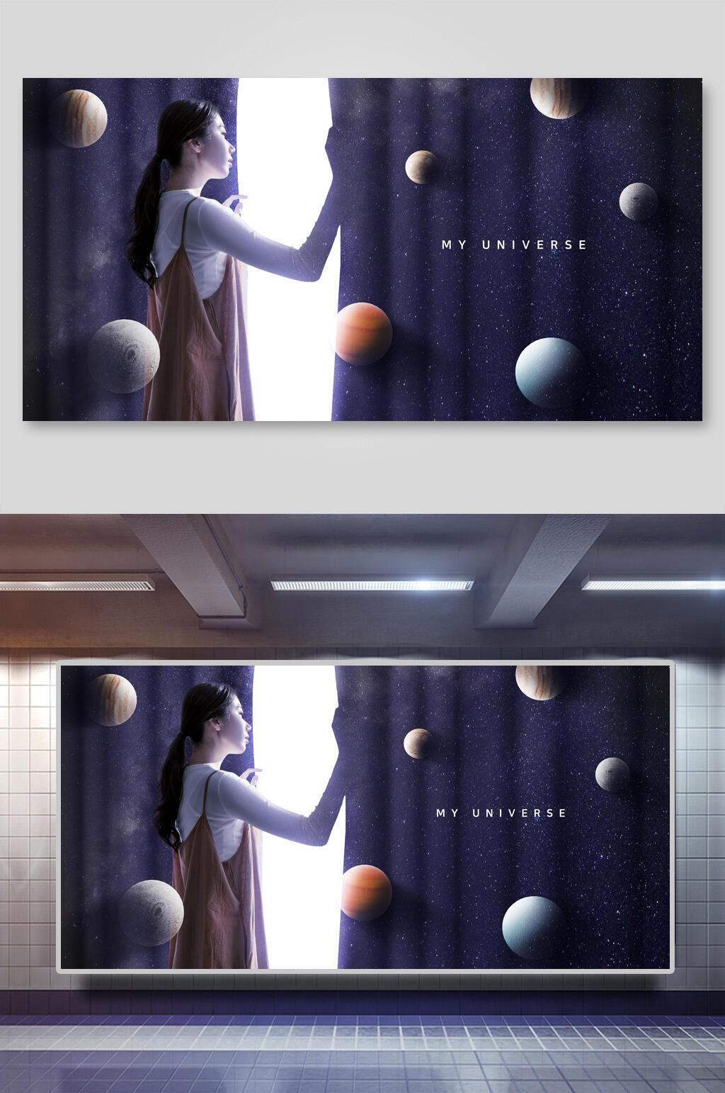 圆形英文深蓝清新创意星球海报背景素材
