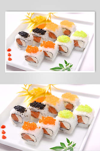 黑黄绿色鱼子酱寿司摄影美食图片