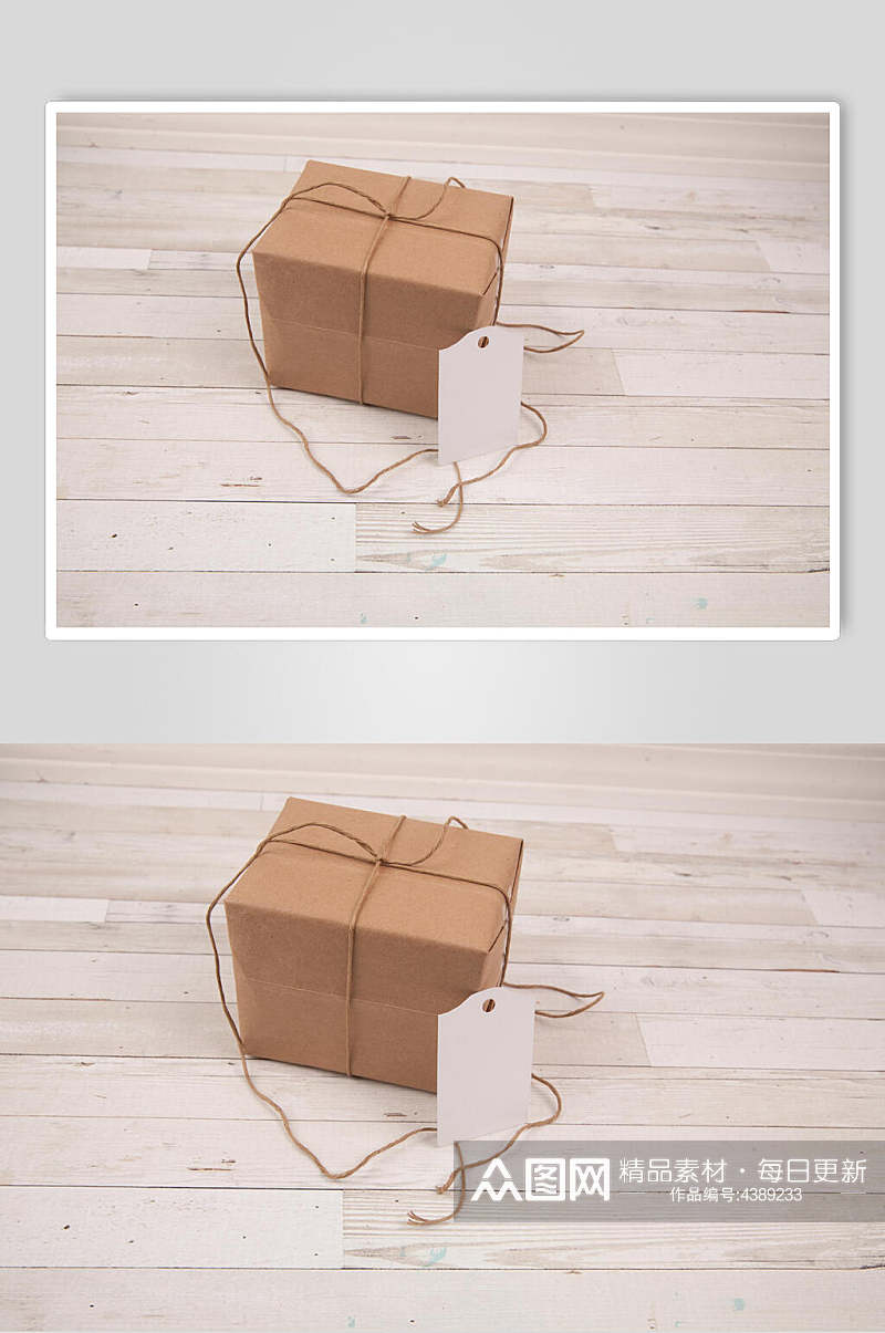 木地板蝴蝶结棕纸盒包装盒样机素材