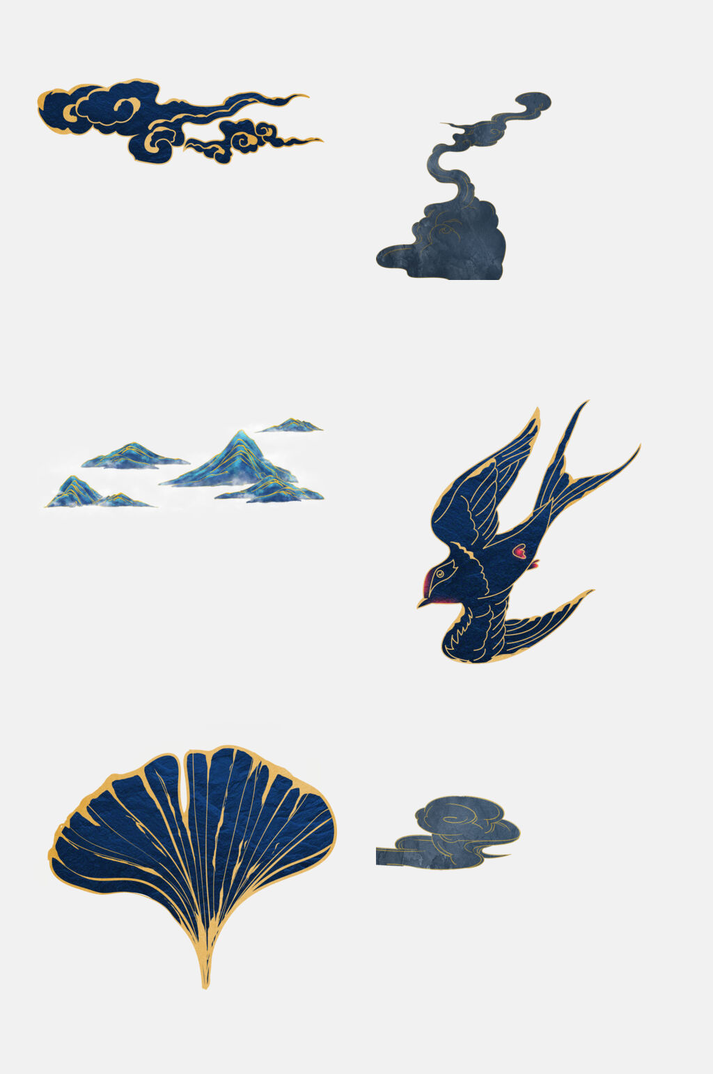 创意银杏叶燕子鎏金祥云仙鹤图案免抠素材素材
