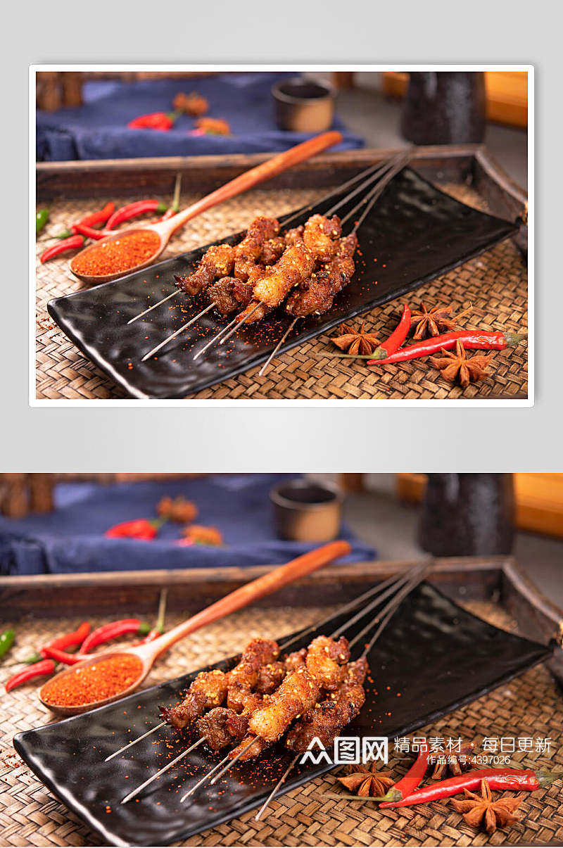 铁签肉块辣椒烧烤美食高清图片素材