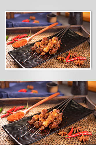 铁签肉块辣椒烧烤美食高清图片