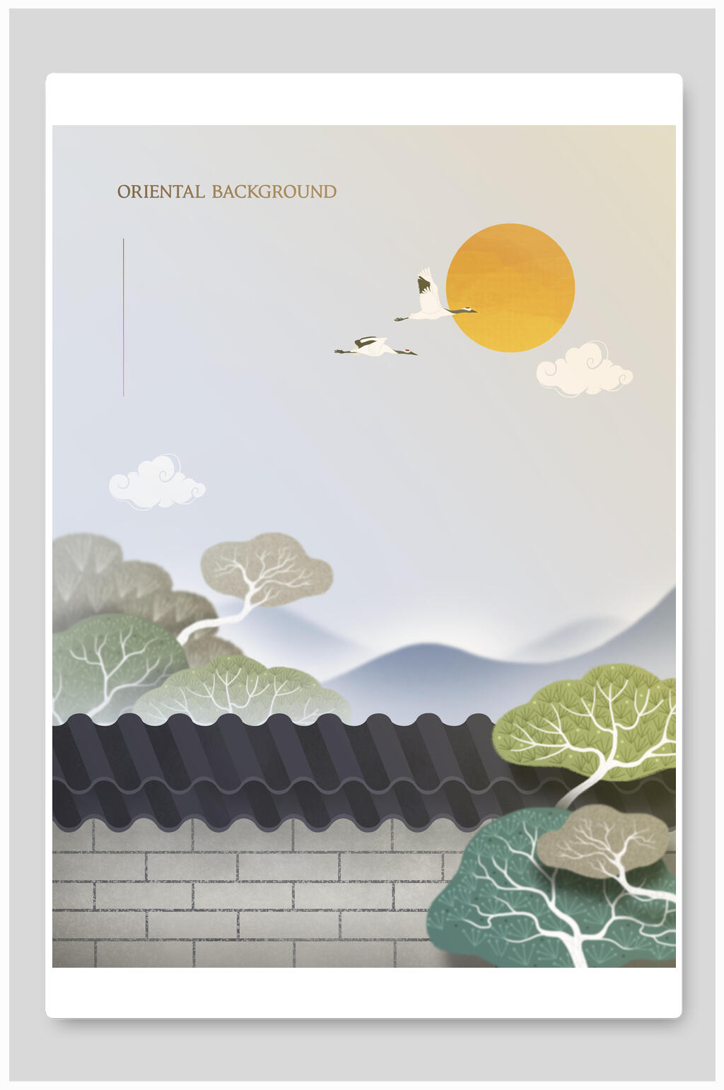 太阳仙鹤屋檐树木创意山水背景素材