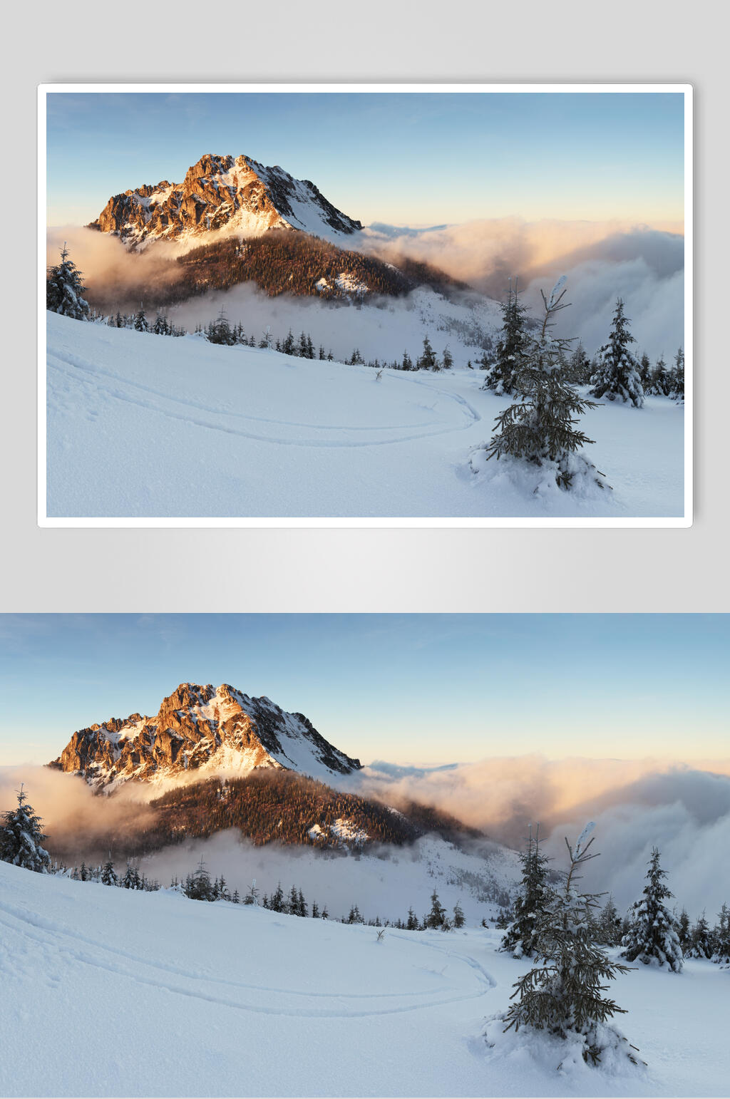 冬季远观阳光照射山顶雪山雪景摄影图片素材