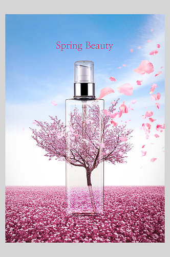 粉色樱花树花海化妆品香水精油海报