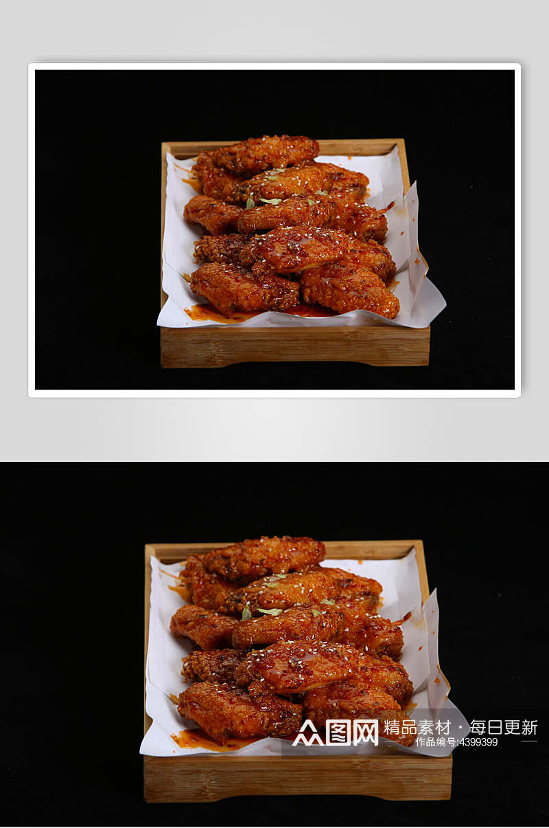 香辣酱一堆芝麻吸油纸韩式炸鸡图片素材