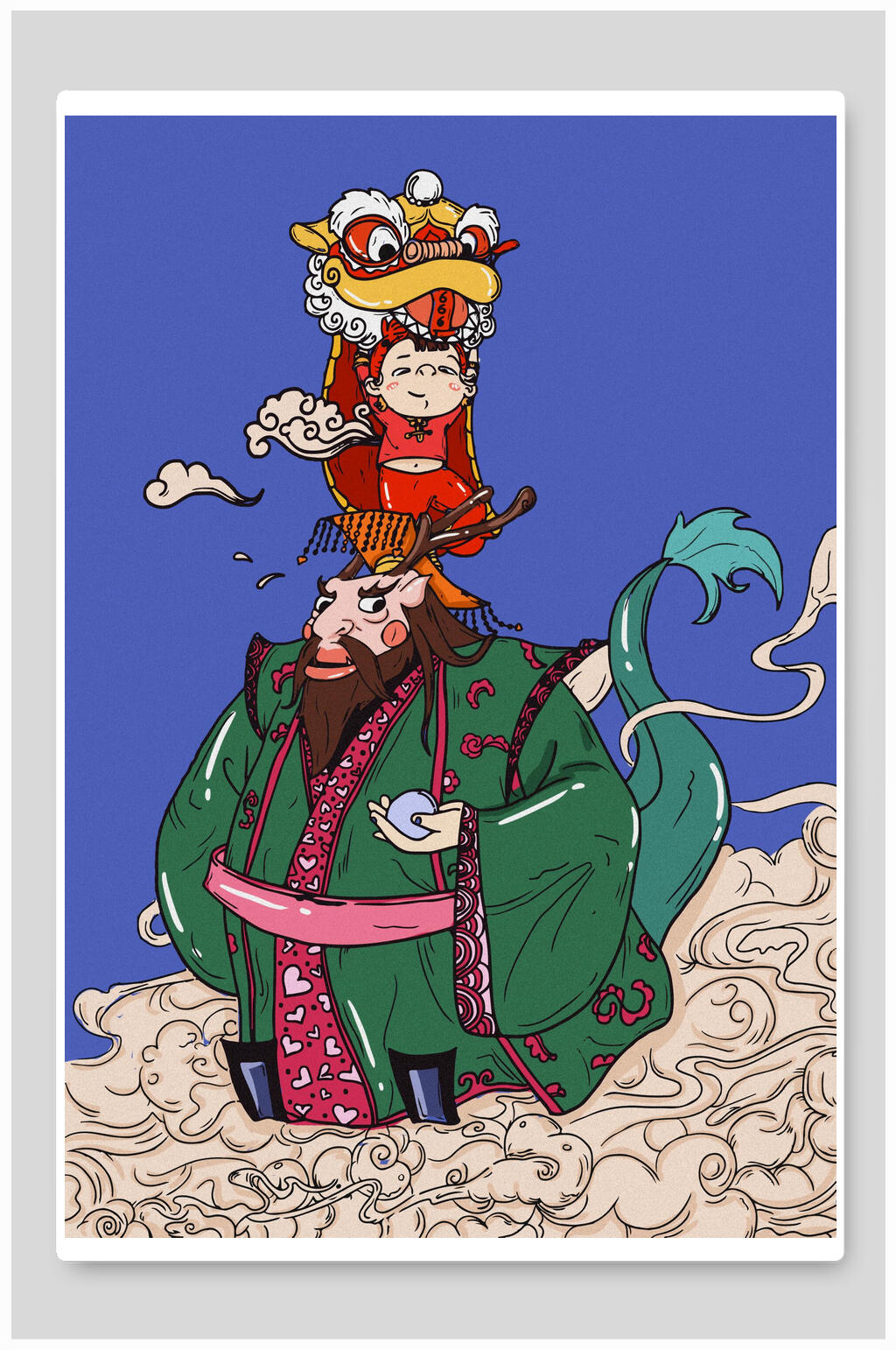 小幸运大气舞狮新年财神插画素材