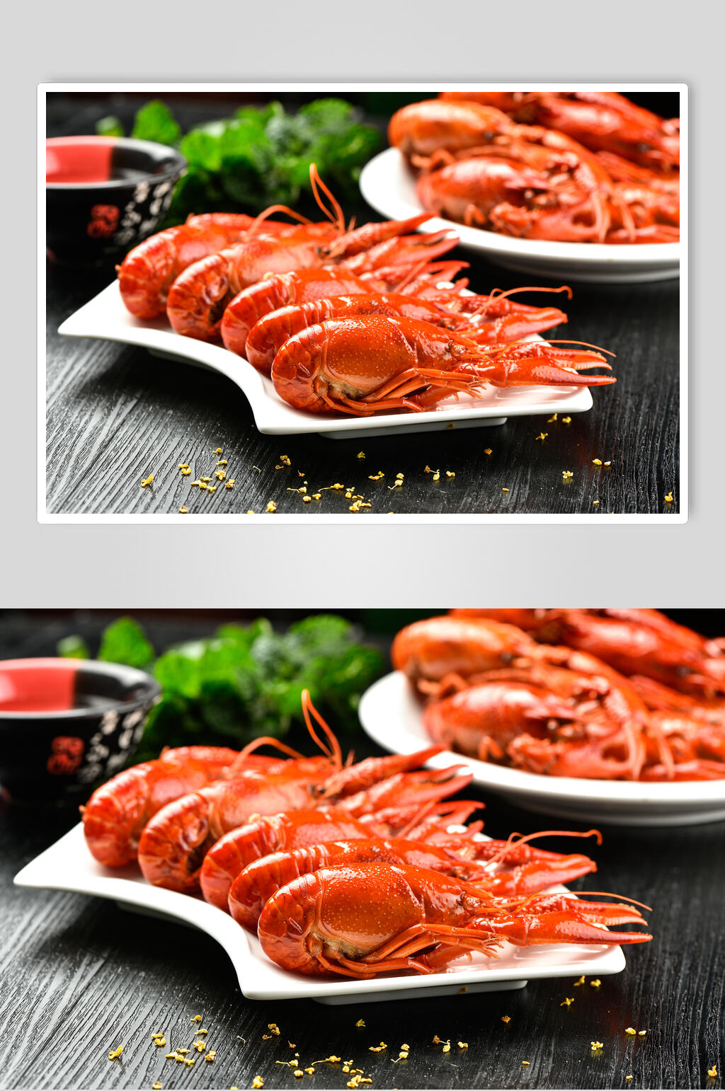 一排白瓷盘美味小龙虾图片素材