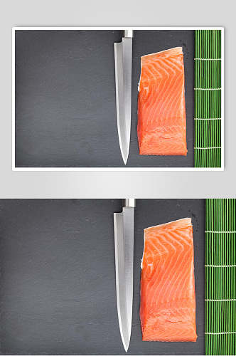 刀和鲜红三文鱼美食图片