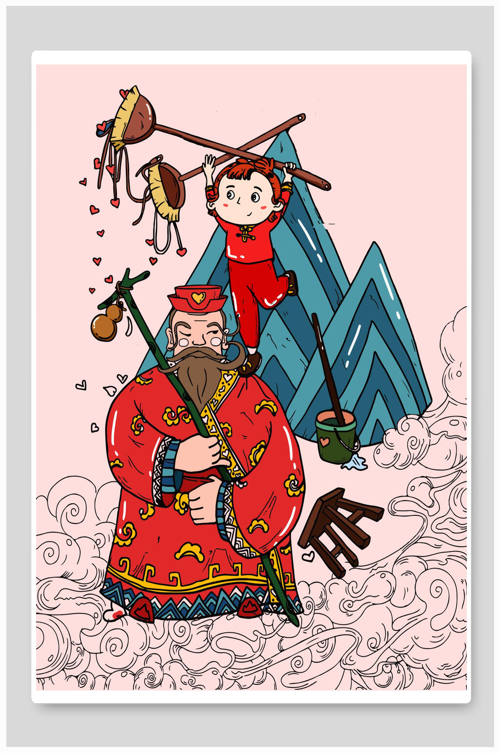 典雅福娃祥云新年财神插画素材