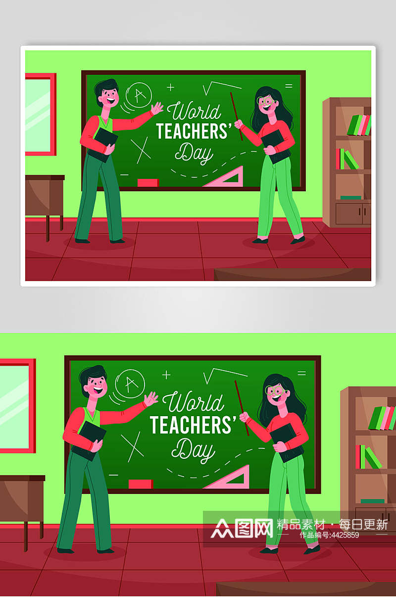 上课男女红绿时尚教师校园矢量素材素材