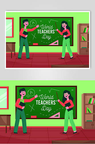 上课男女红绿时尚教师校园矢量素材