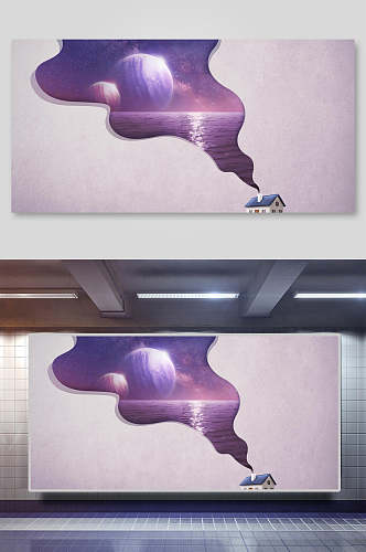 球形湖面紫色创意星球海报背景
