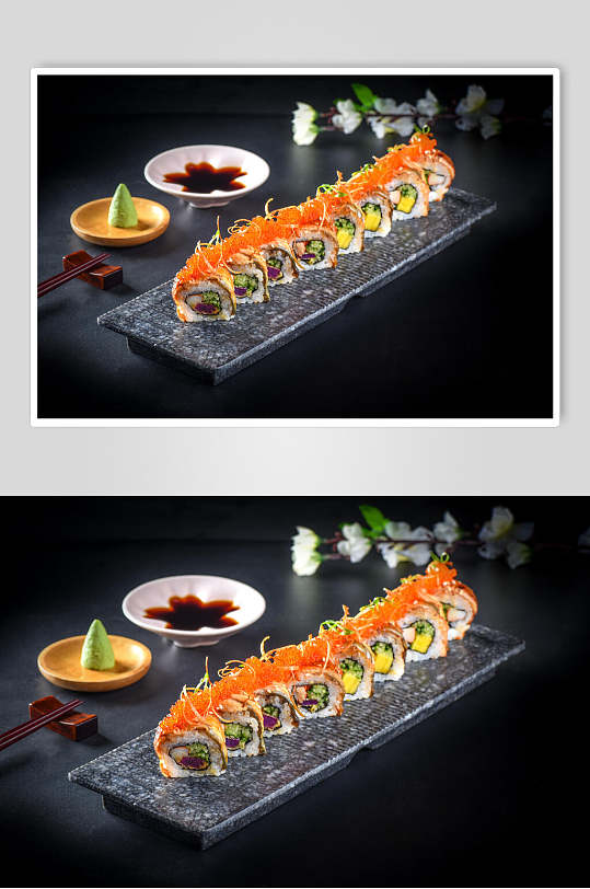 寿司鱼子酱肉松摄影美食图片