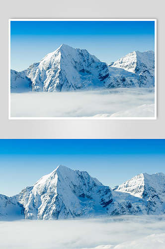 晴空万里云端雪山雪景摄影图片