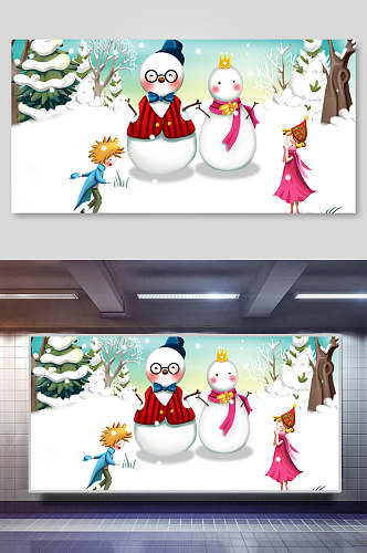 创意下雪人物圣诞节插画